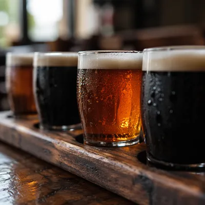 Amber Craft Beer Flight on Rustic Bar