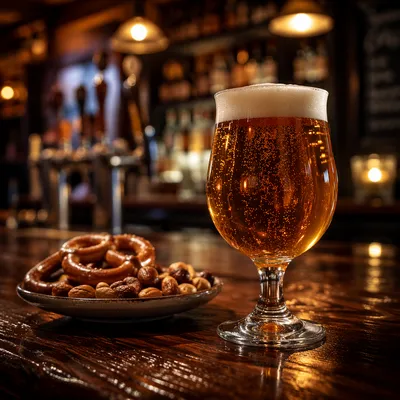 Amber Craft Beer on Cozy Pub Bar