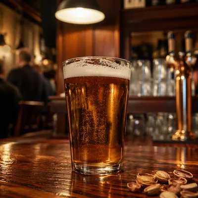Amber Craft Beer on Cozy Pub Bar