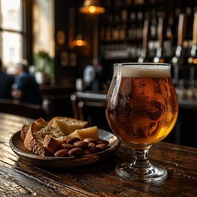 Amber Craft Beer on Rustic Pub Bar