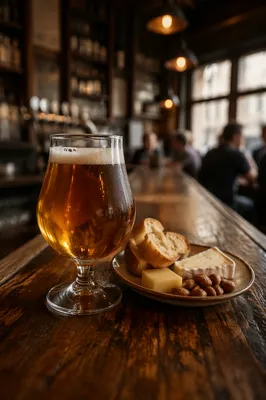 Amber Craft Beer on Rustic Pub Bar