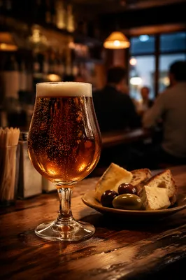 Amber Craft Beer on Rustic Pub Bar