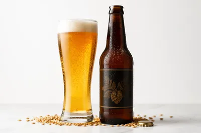Amber Craft Beer with Bottle and Barley