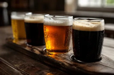 Amber Craft Beer Flight on Rustic Bar