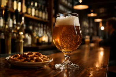 Amber Craft Beer on Cozy Pub Bar