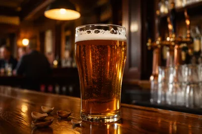 Amber Craft Beer on Cozy Pub Bar