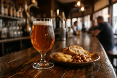 Amber Craft Beer on Rustic Pub Bar