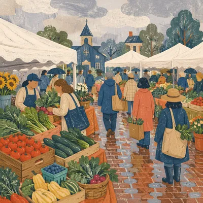 Rainy Farmers Market with Fresh Organic Produce