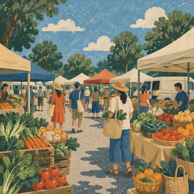 Sunny Farmers Market with Fresh Organic Produce