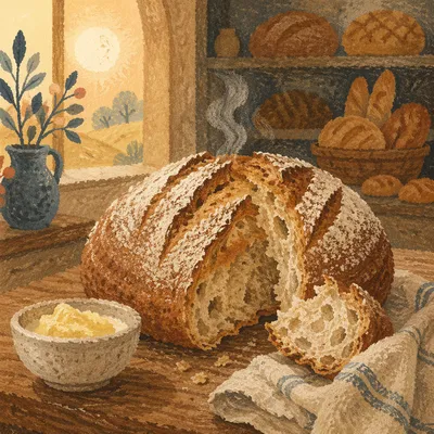 Rustic Fresh Bread Loaf on Wooden Table