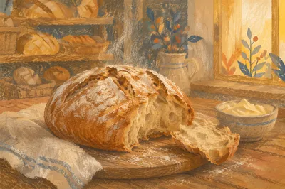 Rustic Fresh Bread Loaf on Wooden Table