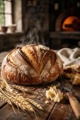 Rustic Artisan Bread Loaf on Bakery Table