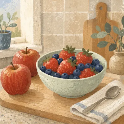 Colorful Fresh Fruit Bowl on Kitchen Counter