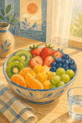 Colorful Fresh Fruit Bowl on Kitchen Table