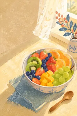 Sunlit Fresh Fruit Bowl Breakfast Scene