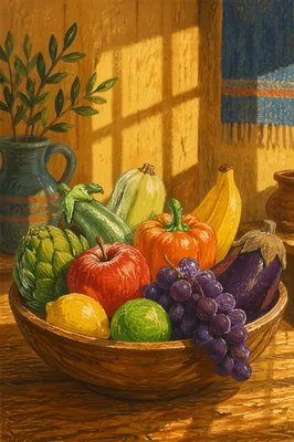 Colorful Fresh Fruit Bowl on Rustic Table