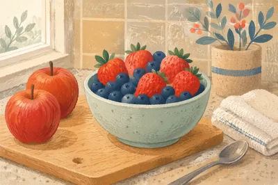 Colorful Fresh Fruit Bowl on Kitchen Counter