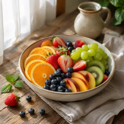 Colorful Fresh Fruit Bowl on Rustic Table