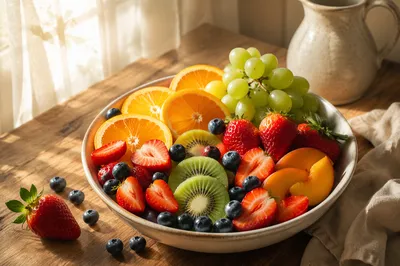 Colorful Fresh Fruit Bowl on Rustic Table