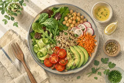 Fresh Healthy Salad Bowl Overhead Flat Lay