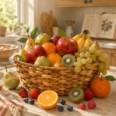 Colorful Fresh Fruit Basket in Kitchen