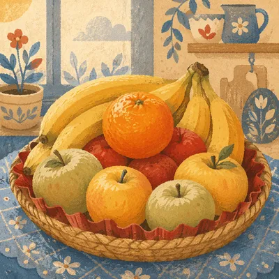 Colorful Fresh Fruit Basket on Blue Tablecloth