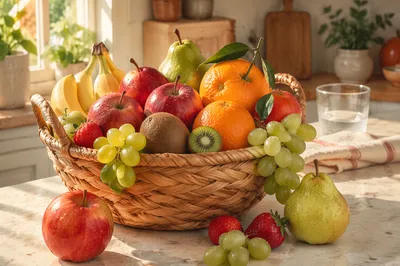 Colorful Fresh Fruit Basket in Kitchen