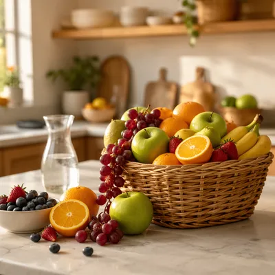 Sunlit Fresh Fruit Basket in Kitchen