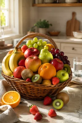 Sunlit Fresh Fruit Basket on Kitchen Island