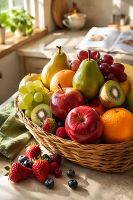 Colorful Fresh Fruit Basket in Kitchen
