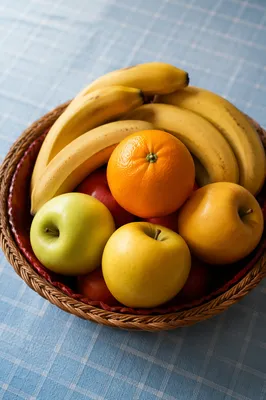 Colorful Fresh Fruit Basket on Blue Tablecloth