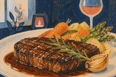 Grilled Steak Plate with Rosemary Garnish