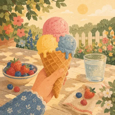 Colorful Summer Ice Cream Cone in Garden