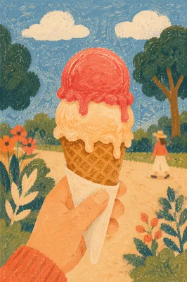Colorful Melting Ice Cream Cone in Summer