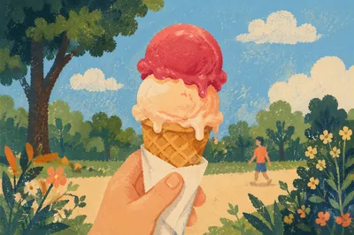Colorful Melting Ice Cream Cone in Summer