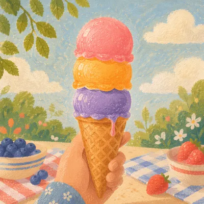 Colorful Ice Cream Cone at Summer Picnic