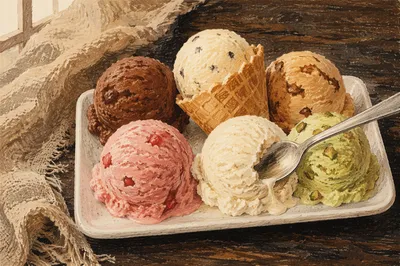 Colorful Summer Ice Cream Scoops on Plate