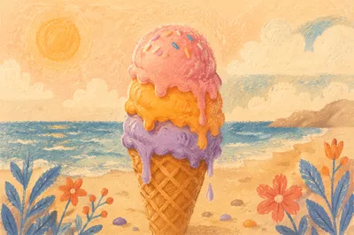 Colorful Triple Scoop Ice Cream by Beach