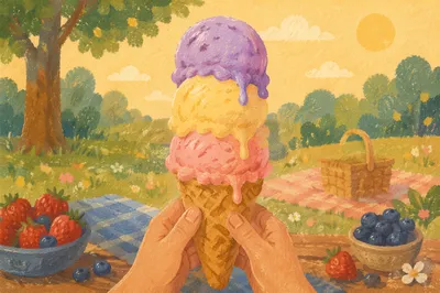 Colorful Summer Ice Cream Cone in Hands