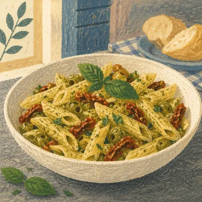 Rustic Penne Pasta with Pesto and Tomatoes