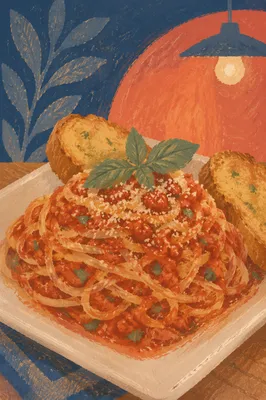 Tomato Basil Spaghetti with Garlic Bread