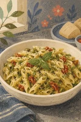 Rustic Pesto Penne with Tomato and Basil