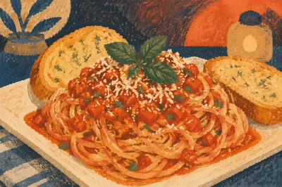 Warm Italian Spaghetti With Basil and Garlic Bread