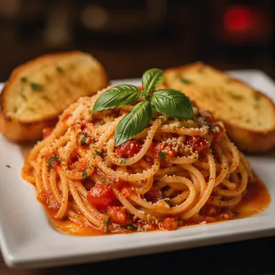 Tomato Basil Spaghetti with Garlic Bread