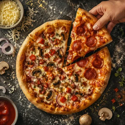 Rustic Pepperoni Pizza Slice Overhead Scene