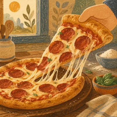 Fresh Pepperoni Pizza Slice with Melting Cheese