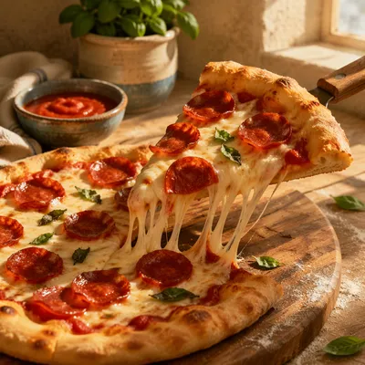 Fresh Pepperoni Pizza Slice with Stretching Cheese