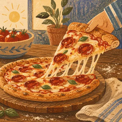 Fresh Pepperoni Pizza Slice Cheese Pull