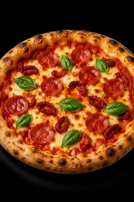 Fresh Pepperoni Pizza with Basil on Black
