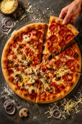 Rustic Pepperoni Pizza Slice Overhead Scene